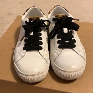 Jcrew white sneakers with leopard print.